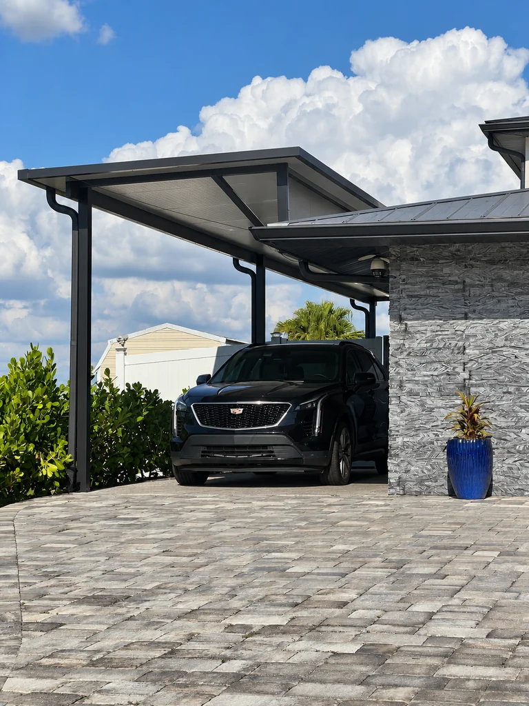 Tall covered carport at a PAZ project in Punta Gorda